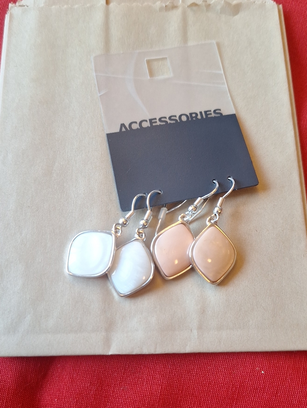 Accessorize Peachy or Light Pink and White Teardrop Dangle Earrings Pair
